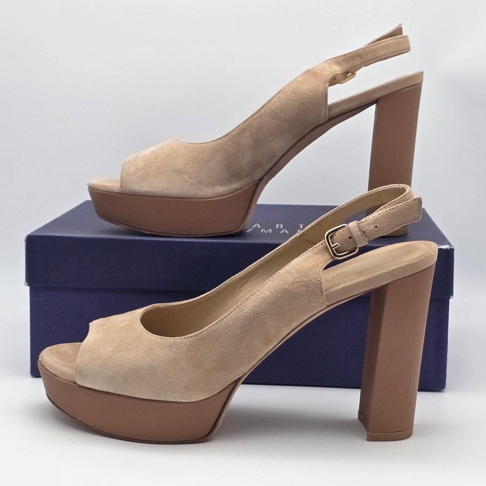 Stuart‎ Weitzman Slingshot Block Heels Women 10 Tan Suede Platform Wedding Guest
